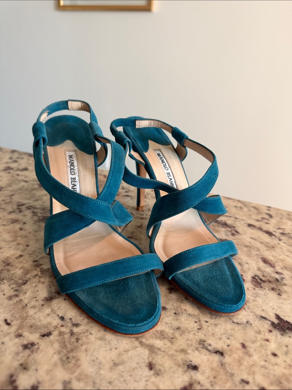 Manolo Blahnik Teal Suede Crisscross Strap High Heels